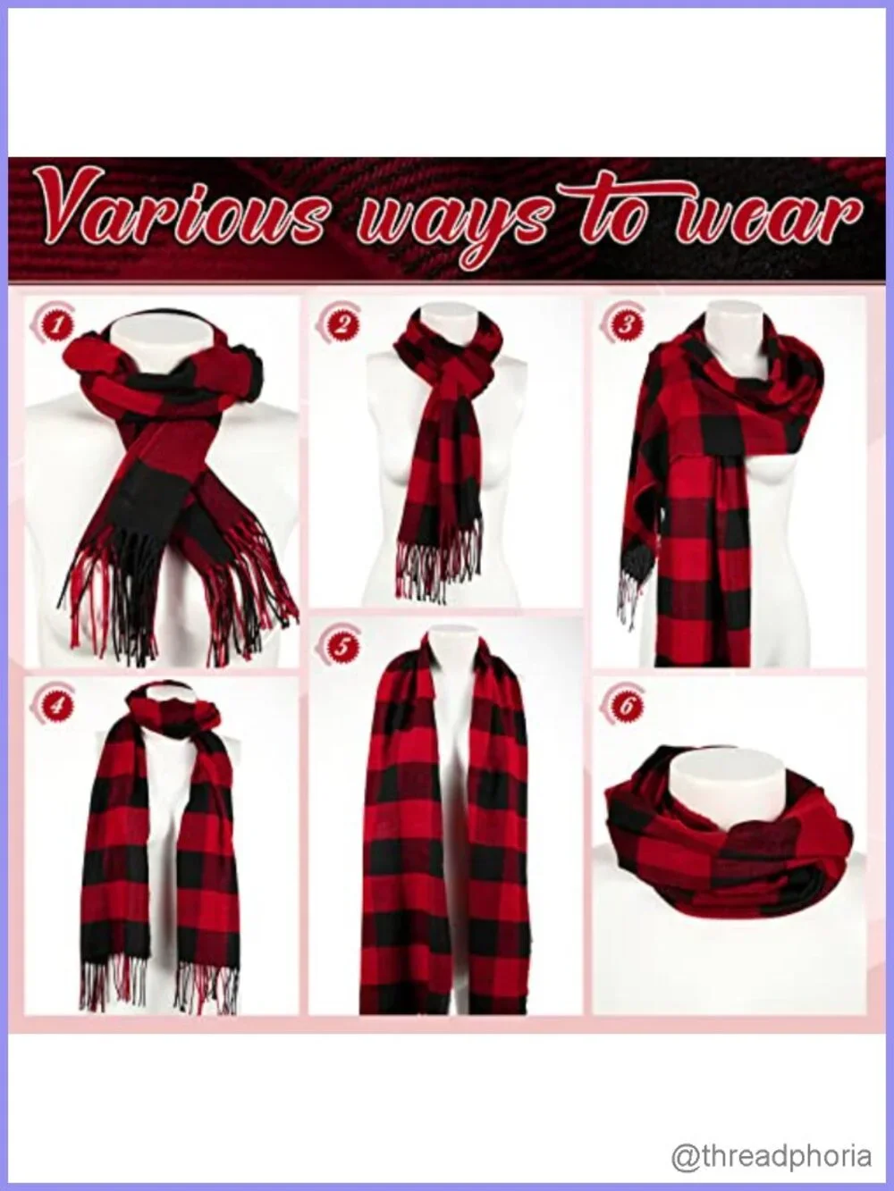 6 Pack Plaid Blanket Scarf with Tassel Edge, Acrylic Winter Scarf for Cold